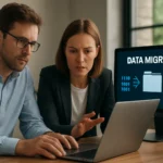 Két szakember az adatmigráció folyamatát vizsgálja a számítógépen.