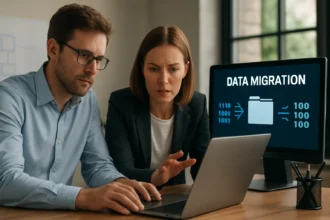 Két szakember az adatmigráció folyamatát vizsgálja a számítógépen.