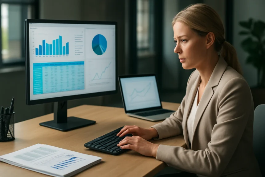 Nő analitikai adatbázis adatelemzést végez számítógépen.