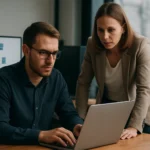 Két szakember munkálkodik a hálózatkezelésen egy számítógépen.