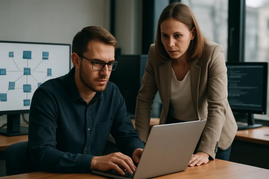 Két szakember munkálkodik a hálózatkezelésen egy számítógépen.
