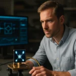 Kvantum logikai kapu működését vizsgáló kutató a laborban.