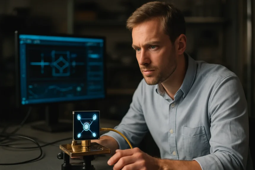 Kvantum logikai kapu működését vizsgáló kutató a laborban.