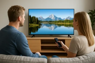 Pár UHD TV-t néz a szobában, csodálatos tájjal a képernyőn.