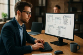 Adatépítész munka közben számítógép előtt, adatmodellek tervezése.