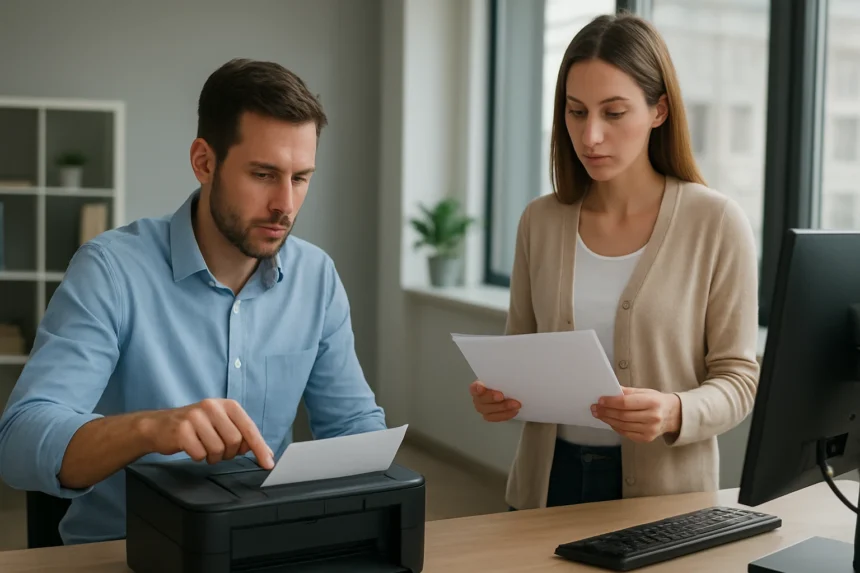 Két ember spooling eljárást végez nyomtatónál.