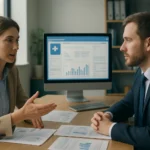 Egészségügyi informatikai megbeszélés számítógép előtt.