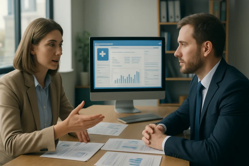 Egészségügyi informatikai megbeszélés számítógép előtt.