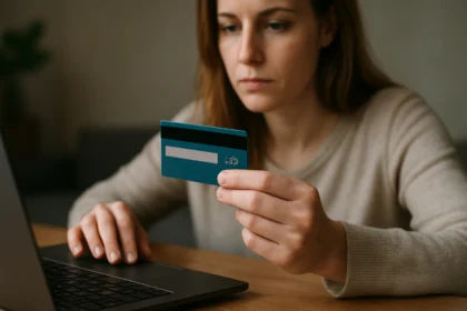 Nő bankkártyát használ online vásárláshoz a laptop előtt.