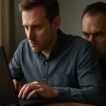 Egy férfi laptopján gépel, míg egy másik férfi megfigyeli őt.