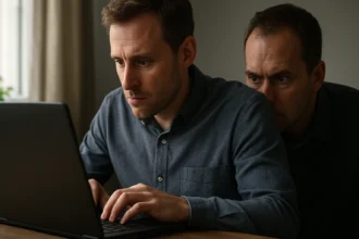 Egy férfi laptopján gépel, míg egy másik férfi megfigyeli őt.