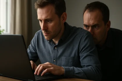 Egy férfi laptopján gépel, míg egy másik férfi megfigyeli őt.