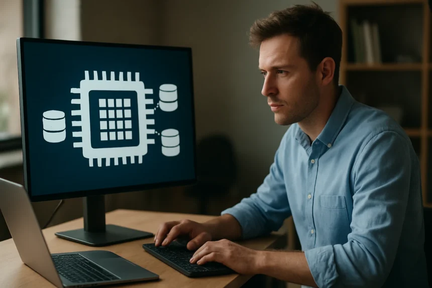 Férfi in-memory adatbázissal és számítógéppel dolgozik