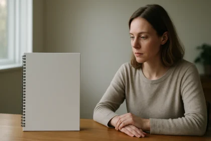 Egy nő üres füzet előtt gondolkodik, reflektálva a halmazelméletre.