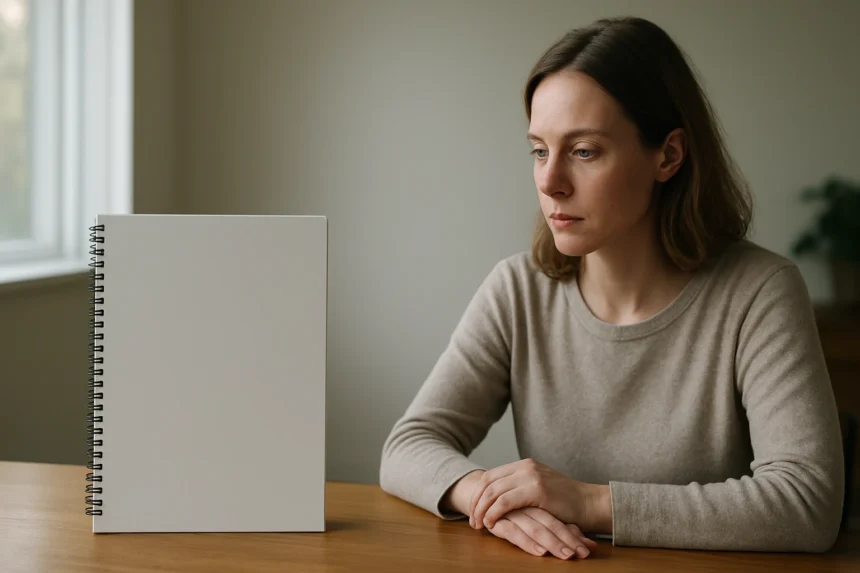 Egy nő üres füzet előtt gondolkodik, reflektálva a halmazelméletre.