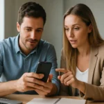 Két ember okostelefonon együtt dolgozik a technológiai innovációról.