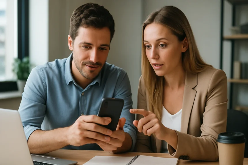 Két ember okostelefonon együtt dolgozik a technológiai innovációról.