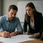 Két szakember együtt dolgozik vállalati alkalmazásarchitektúrák tervezésén