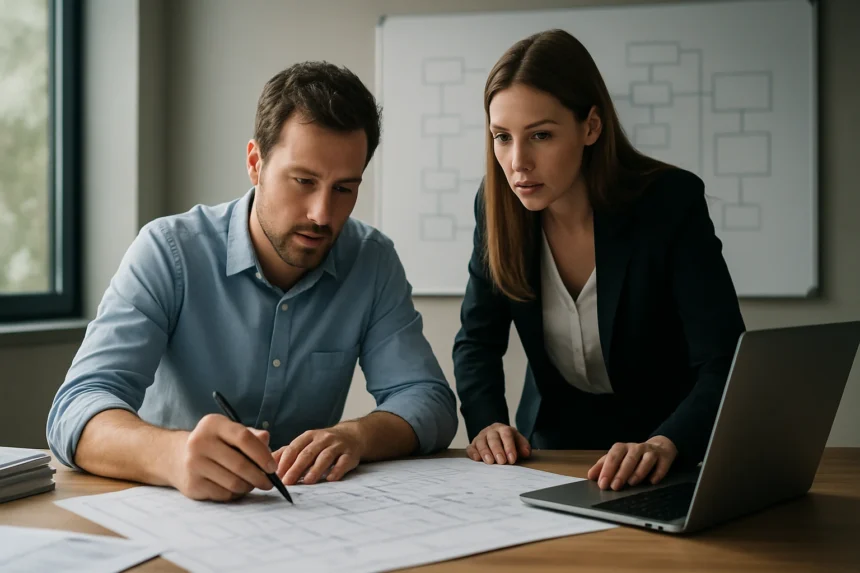 Két szakember együtt dolgozik vállalati alkalmazásarchitektúrák tervezésén