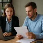 Két szakember Microsoft szoftver költségekkel kapcsolatos dokumentumokat áttekintve.