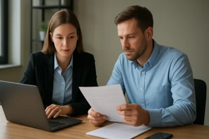 Két szakember Microsoft szoftver költségekkel kapcsolatos dokumentumokat áttekintve.