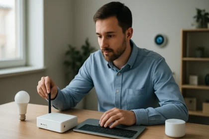 Férfi IoT átjárót állít be okos eszközök vezérléséhez