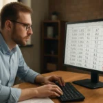 Férfi számjegylistával rendelkező számítógép előtt.