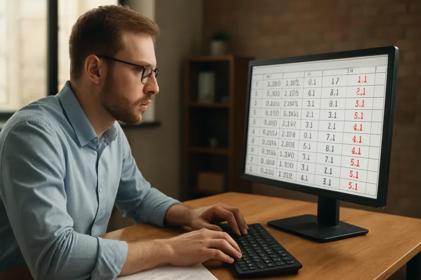 Férfi számjegylistával rendelkező számítógép előtt.