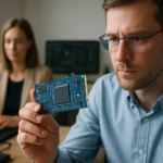 Férfi a Storage Class Memory (SCM) memóriához kapcsolódó eszközt vizsgálva