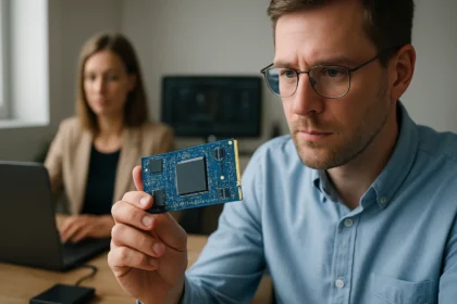 Férfi a Storage Class Memory (SCM) memóriához kapcsolódó eszközt vizsgálva