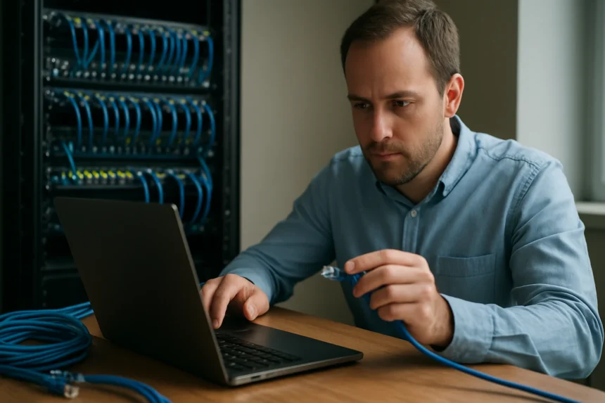 Férfi kábeleket csatlakoztat a számítógéphez a hálózati eszközök mellett.