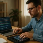 Zeneproducer dolgozik a Zenekövető szoftverrel laptopján.