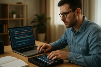 Zeneproducer dolgozik a Zenekövető szoftverrel laptopján.