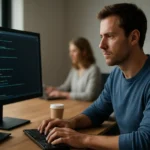 Programozó dolgozik egy informatikai környezetben, kódot írva.