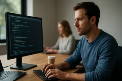 Programozó dolgozik egy informatikai környezetben, kódot írva.