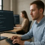 Programozó adatszerkezeteket tanulmányozó férfi számítógép előtt