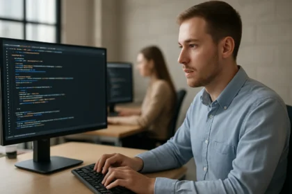 Programozó adatszerkezeteket tanulmányozó férfi számítógép előtt