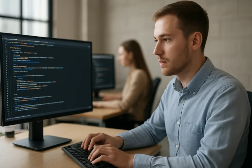 Programozó adatszerkezeteket tanulmányozó férfi számítógép előtt