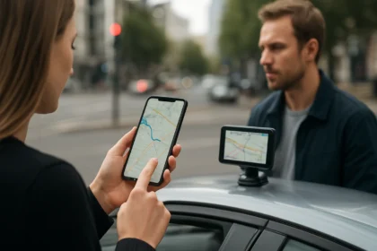 Nő GPS nyomkövető alkalmazást használ telefonnal autó mellett.