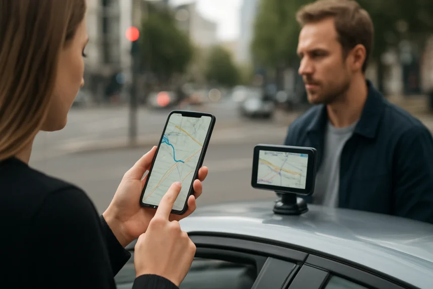 Nő GPS nyomkövető alkalmazást használ telefonnal autó mellett.