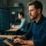 DevOps mérnök programozás közben számítógép előtt.