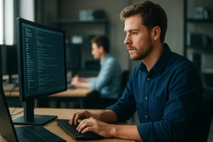 DevOps mérnök programozás közben számítógép előtt.