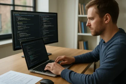 Programozó, aki tárgykódot ír a laptopján és monitorán.