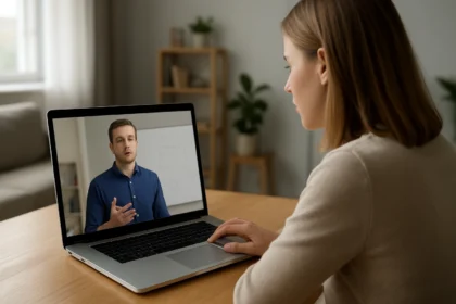 Nő online tanulás közben videó konferencián