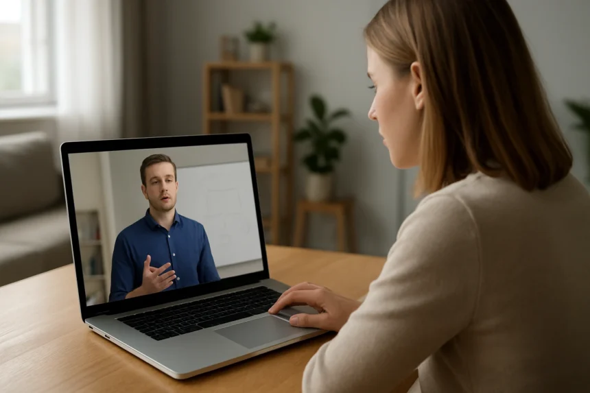 Nő online tanulás közben videó konferencián