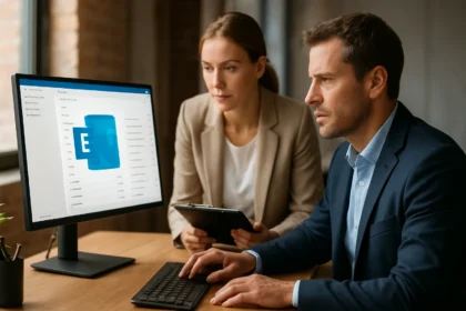 Két szakember dolgozik az Exchange Online felhőszolgáltatásával.