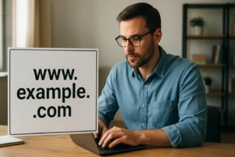 Férfi laptopot használ, FQDN táblával a munkahelyén.