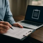 Férfi ír egy dokumentumra a vágólap segítéségével.