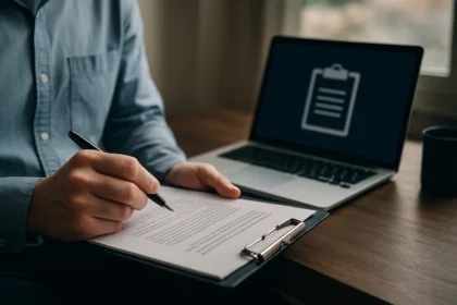 Férfi ír egy dokumentumra a vágólap segítéségével.