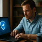 Egy férfi vírusirtó szoftvert használ számítógépén kártevők védelmére.